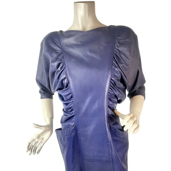 80s Glam Womens Real Leather Dress Navy Blue Ruched Size 9 Glam Rock Dress - Picture 5 of 16